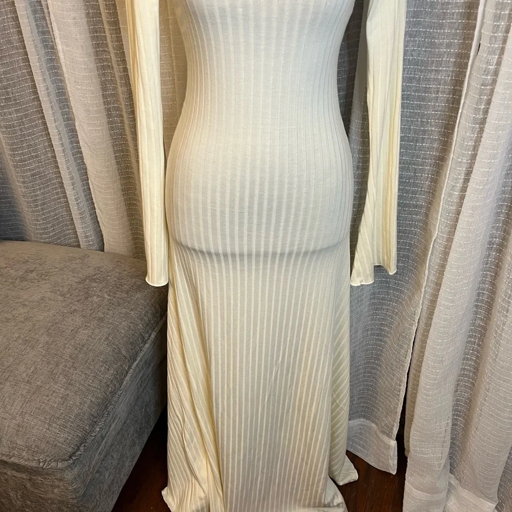 Le Bop Hattie Dress Ribbed Knit Maxi in Cream NWT Small